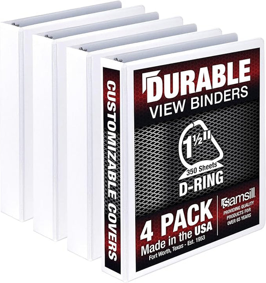 Samsill Durable 1.5 inch 3 Ring Binder, Made in USA, D Ring Binder, FSC 100% Recycled Chipboard, White, 4 Pack