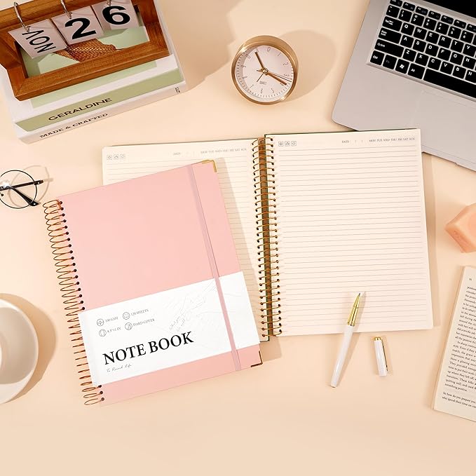 Pink Spiral Notebook College Ruled 8.5 X 11 with Tab Stickers Large Hardcover Notebooks for School Supplies A4 Note Book Journal Notebooks for Work Note Taking Office Women Men Writing, 200 Pages