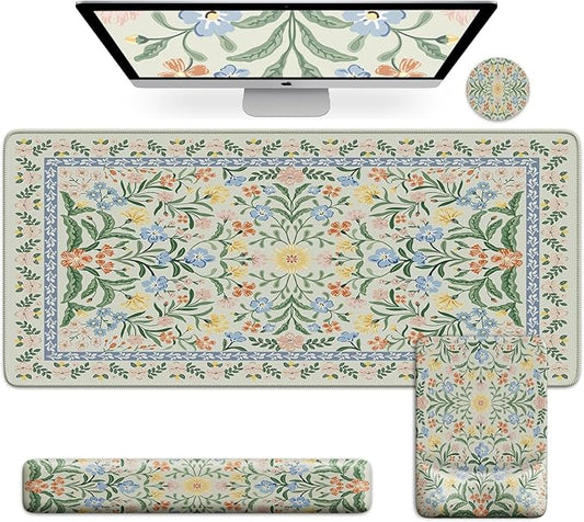 iCasso Mouse Pad with Wrist Rest,Large Desk Mat Set,Ergonomic Keyboard Pad with Wrist Support,Non-Slip Mouse Mat for Women,Cute Floral Computer Mat for Home Office Gaming (Green Floral)