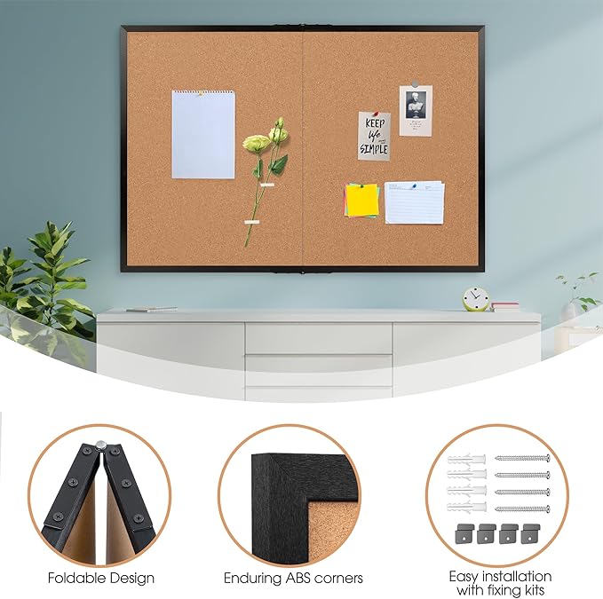 Board2by Extra Large Cork Bulletin Board 60" X 48", Foldable Notice Pin Board for Wall, Black Wood Framed 5'x4' Corkboard, Wall Mounted Noticeboard with 32 Push Pins for School, Home & Office