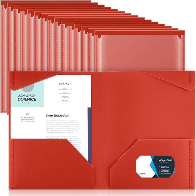 Henoyso 36 Pcs Plastic Folders with Clear Front Pockets Heavy Duty File Folders with 2 Pockets and Card Slot for Student Communication School Office Presentation Report (Red)