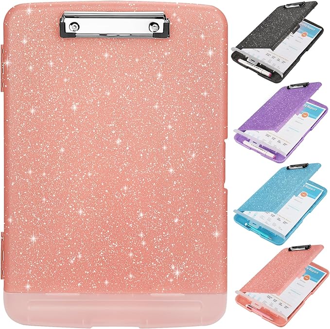 Glitter Clipboard with Storage,Storage Clipboard with Pen Holder,A4 Binder Clip Boards 8.5x11 with Low Profile Clip,Side Opening Sparkle Clipboards, Clipboards Folder for Office Supplies-Pale Pink