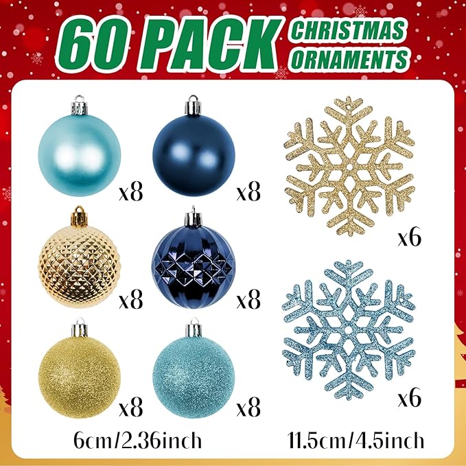 Christmas Tree Decorations Ornament Set, 60ct 2.36 Inches Blue and Gold Shatterproof Christmas Ball Ornaments, Hanging Ball for Xmas Holiday Wedding Party Decor