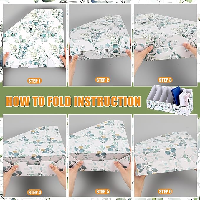 PerKoop 6 Pcs Magazine File Holder Foldable Decorative Cardboard File Folders 6 Patterns Floral Colored Magazine Rack with Printable Sticker Labels for School Office Home Desk (Eucalyptus Leaves)