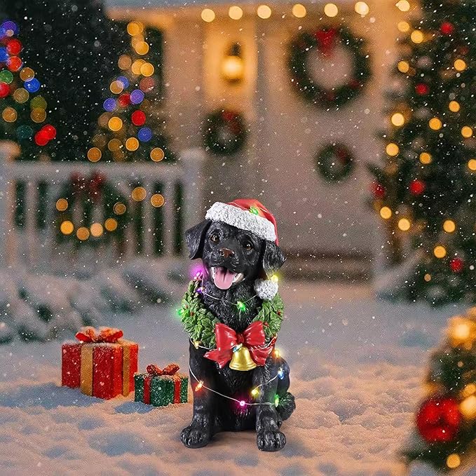 Christmas Outdoor Decoration Dog Statue, LED Light Cute Labrador Dog Sculpture with Santa Outfit & Lights for Garden and Yard, Indoor Holiday Décor Gift for mom and dad