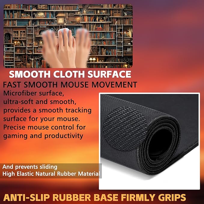 Desk Pad, Fantasy Shelves Desk Mat, Shelves Full of Books Large Gaming Mouse Pad for Desk, 31.5"x15.7" Extended Big Computer Keyboard Mouse Pad with Non-Slip Base and Stitched Edge