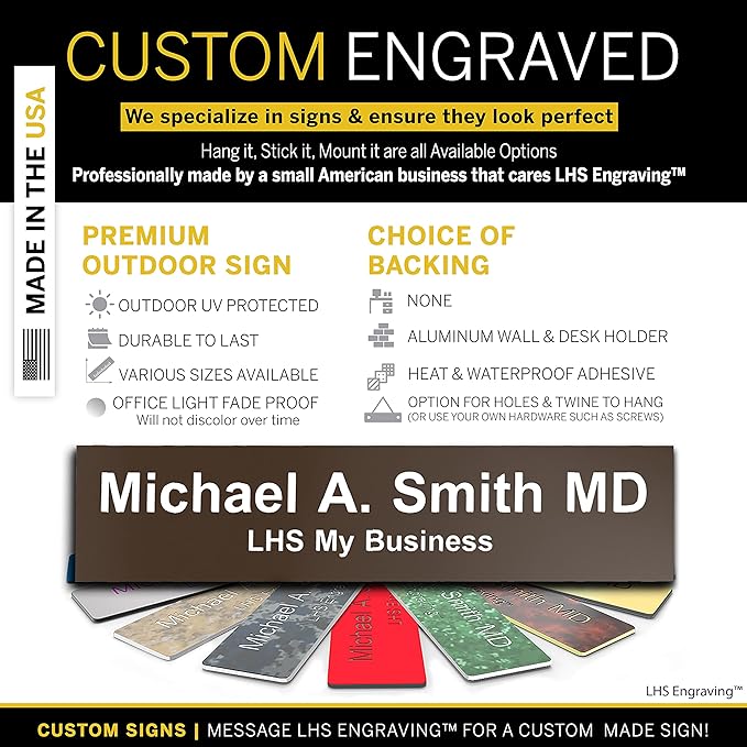 Door Name Plate Personalized for Office Brown Plastic Name Plate with White Letters - Made in USA 2x6 B25