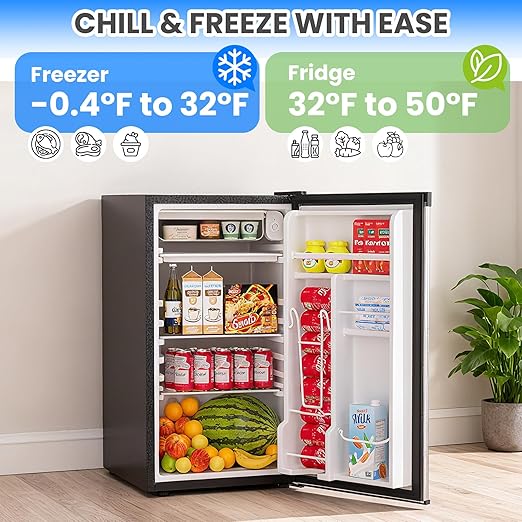 3.2 Cu.Ft Mini Fridge with Freezer, Single Door Compact Refrigerator, Energy Saving, Small Fridge Adjustable Thermostat Control, Mini fridge for Bedroom, Dorm, Office, Silver