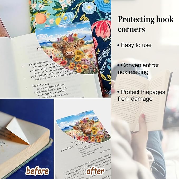 4 Pcs Highland Cow Leather Bookmark Cute Sunflower Book Corner Bookmarks Floral Book Accessories for Women Book Lovers Reading Lover Teacher Student Girls Gift