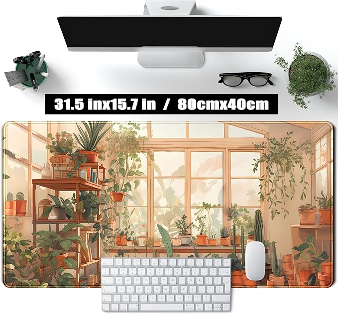 Cute Plant Lover Desk Mat Cozy Mouse pad Beige, XXL Large Extended Earthy Brown Green Aesthetic Floral Mousepad Gaming Desk Pad, Big Laptop Keyboard and Mouse Mat with Stitched Edges 31.5x15.7 in