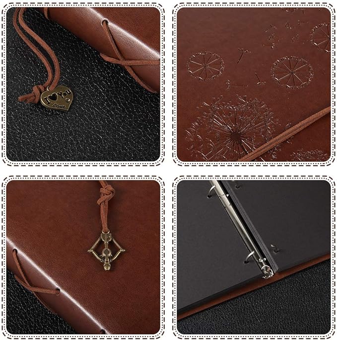 ThxMadam Scrapbook Photo Album Vintage Leather DIY Memories Book Wedding Guest Book with 60 Black Pages Present for Christmas Valentines Anniversary Mother’s Day Birthday Gift for Mum Dad Friend