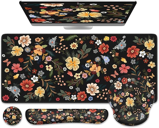 iCasso Desk Cover Mat, 4in1 Floral Large Mouse Pad with Wrist Rest, Desk Matt for Desktop, Anti-Slip XXL Big Computer Ergonomic Mousepad with Wrist Support for Keyboard and Mouse (Flowers)