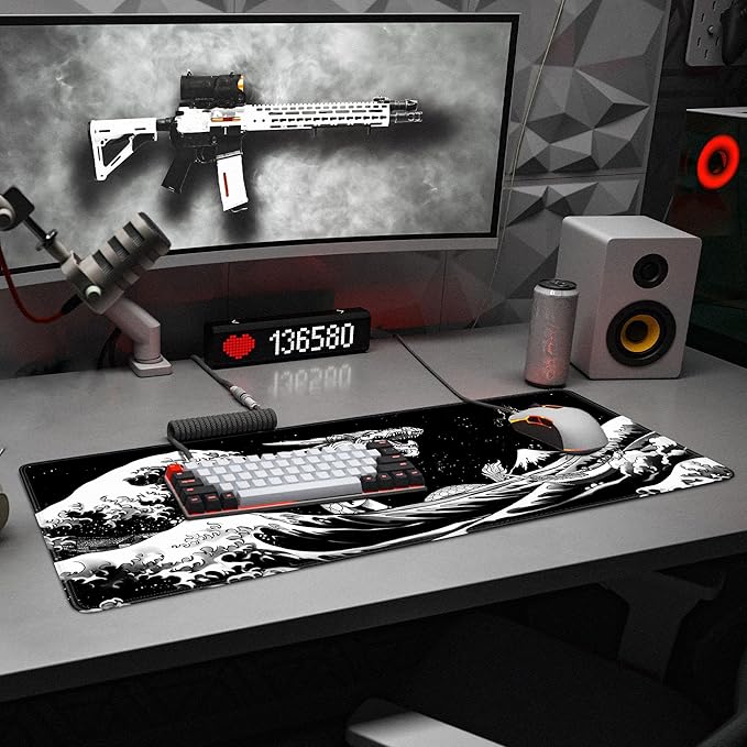 Japanese Wave Dragon Gaming Mouse Pad Large Desk Mat Black Extended Keyboard Mouse Pad Gaming Mousepad with Non-Slip Base Stitched Edge Mouse Mat Desk Pad 31.5 X 11.8 Mouse Pads for Desk Home Office