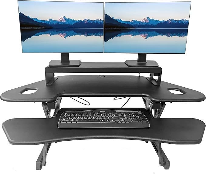 Rocelco 46" Height Adjustable Corner Standing Desk Converter with AC Outlet USB Charger and Dual Stand - Tabletop Computer Riser Workstation - Large Keyboard Tray - Black (R CADRB-46-ACUSB-DMS)