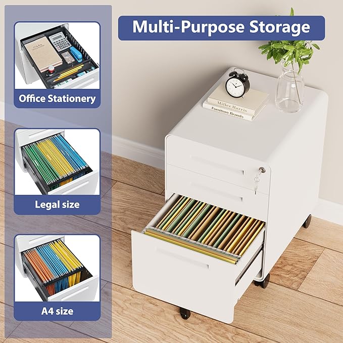 Rolling File Cabinet with Lock, 3 Drawer Metal Mobile Filing Cabinet Office Under Desk for Legal/Letter Size, Fully Assembled Except Casters
