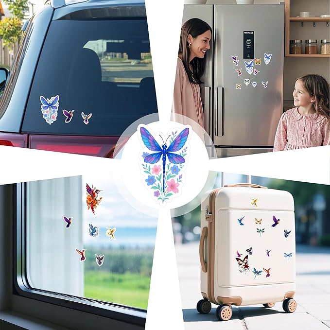 100 PCS Butterfly Dragonfly Hummingbird Stickers Pack, Vinyl Waterproof Decals of Colorful Butterflies Delicate, Gift for Kids Teens Adults Wall Decor Laptop Water Bottle Scrapbook Helmet