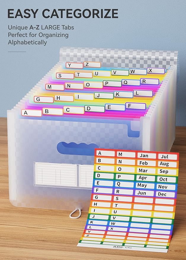 ABC life 26 Pockets Accordian File Folder Organizer Letter Size Expanding File Folder, A4 Portable Document Paper School Organizer, Expandable Multicolor Accordion Filing Folders with Labels(Blue)