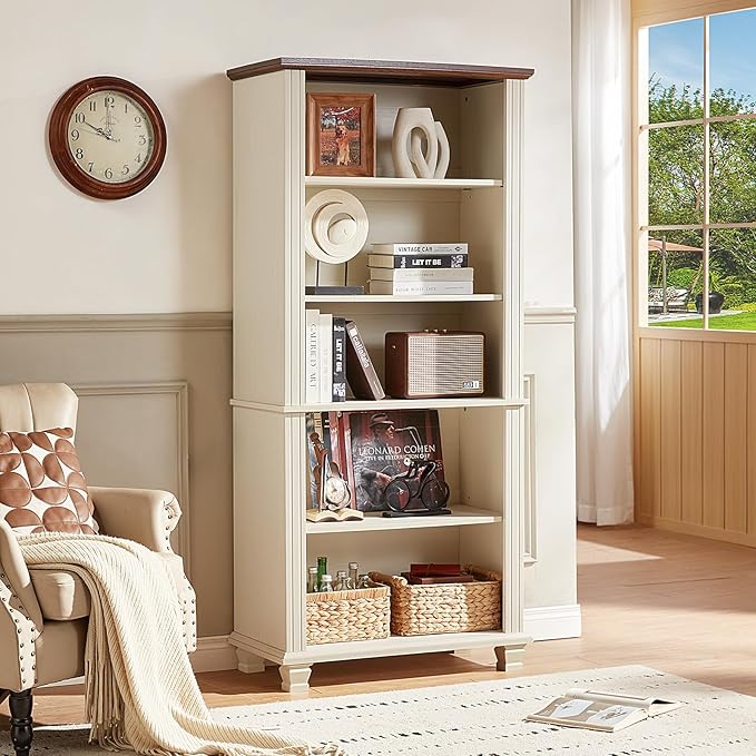 70" Tall White Bookshelf,5 Tier Wood Book Shelf with Adjustable Shelves & Wood Legs,Free Standing Farmhouse Bookcase with Open Display Storage,Vintage Kids Bookshelves for Nursery,2PCS