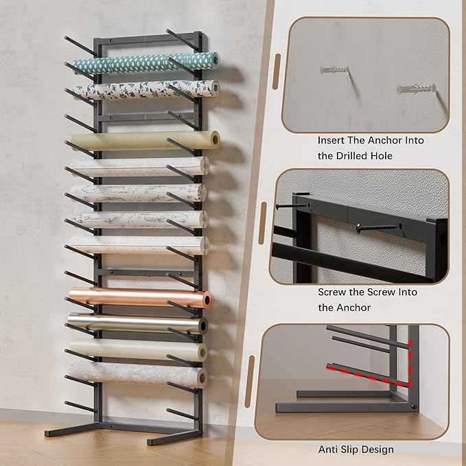 GIOTORENT Wall Mount Blueprint Storage Rack,15-Tier Heavy Duty Blueprint Holder for Construction Plan, Posters,Vinyl Rolls, Art Prints, Max 30lb/Arm, Easy Mount for Home, Office(Matte Black)