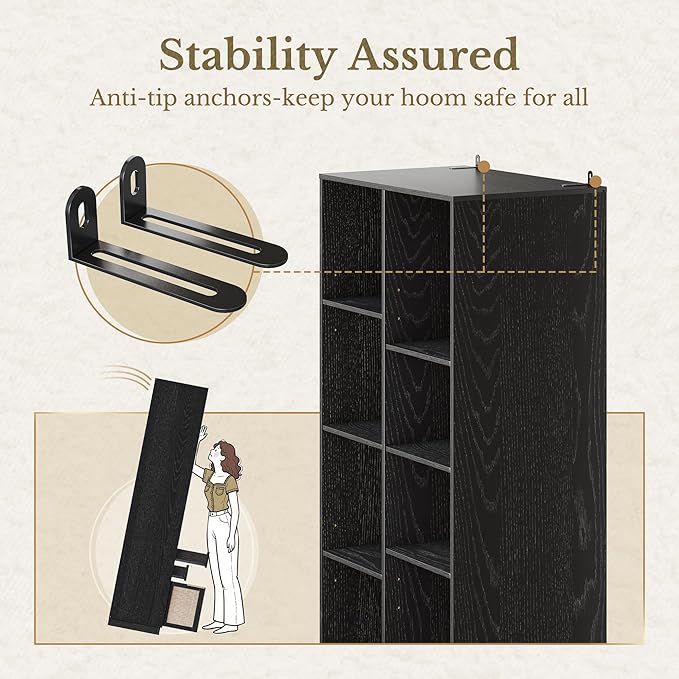 Bookshelf, Bookcase with Doors and 2 Drawers, Rattan Tall Bookshelf with 4-Tier Storage Shelves, 73 inch Wooden Book Shelf for Home Office, Living Room, Black