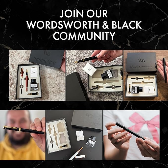 Wordsworth & Black Fountain Pen Set,18K Gilded Medium and Extra Fine Nib,25ML Black Ink Bottle,6 Ink Cartridges,Refill Converter,Gift Box,Smooth Writing Pens [Silver Gold],Gift Set for Men and Women