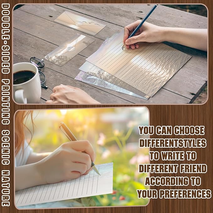 TaoBary 160 Pcs Stationery Paper Set 50 Double Sided Stationery Papers with 50 Matching Envelopes and 60 Round Dot Sticker, 10 Design(Natural Scenery,8.5 x 11 Inch)