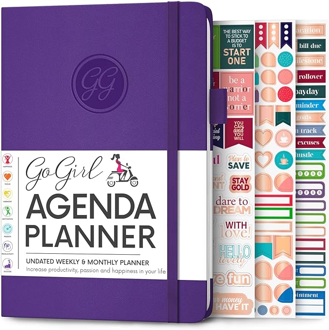 GoGirl Planner Agenda – Colorful Undated Monthly & Weekly Organizer for Women, Journal for Time Management & Productivity (Purple)