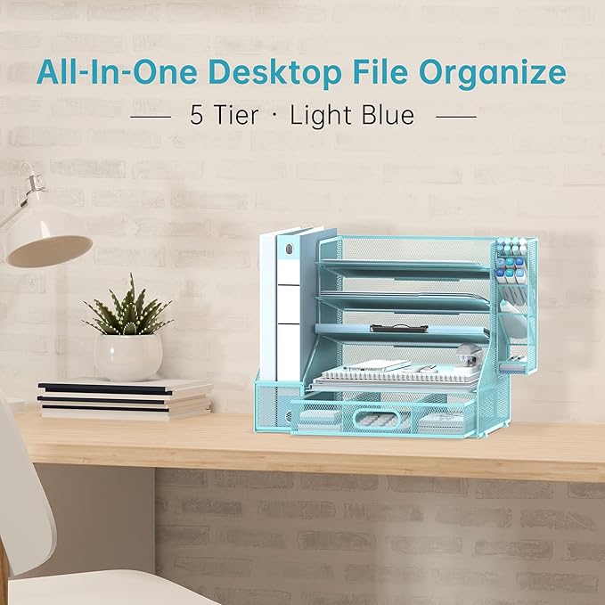SUPEASY Desk Organizer with File Holder, 5-Tier Mesh Paper Letter Tray Organizer with Pen Holder and Drawer, Desktop Organizer and Storage with 3 Tilted File Sorter for Office Supplies, Blue