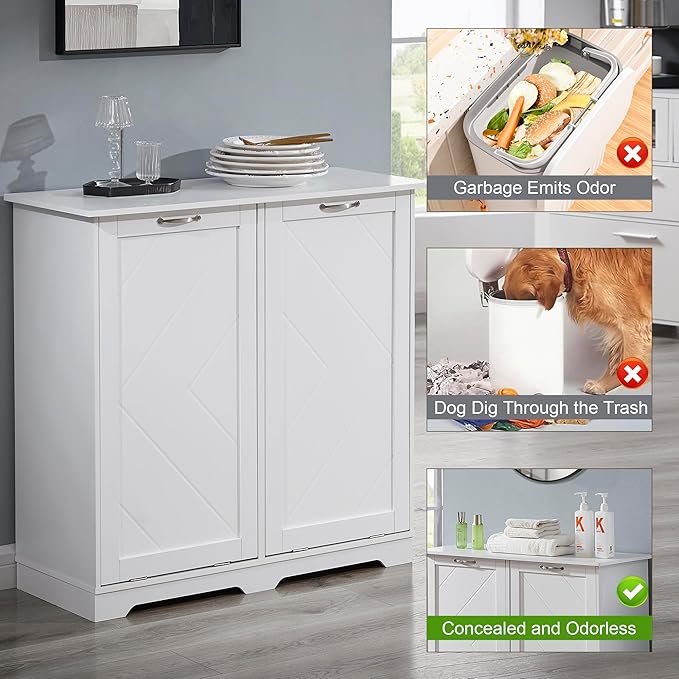 VECELO Double Tilt Out Kitchen Trash Bin Cabinet Dog Proof Garbage Can with Wood Holder Free Standing Recycling, White