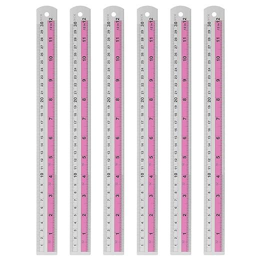HARFINGTON 6pcs Metal Straight Ruler 30cm Metric SAE Aluminum Alloy Measuring Rulers Scale Tools with Hole for Measure Study Reading Classroom Office, Pink