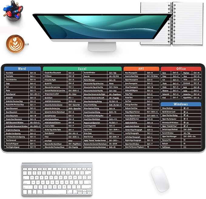 Large Extended Gaming Mouse Pad with Word Excel Office Software Excel Shortcuts PPT Windows,Stitched Edges Non-Slip Waterproof Rubber Base Mouse Pad for Office Desk Pad(27.5X11.8 in)