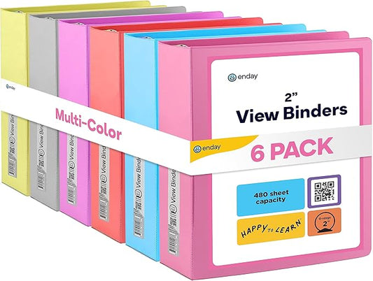 3 Slant D-Ring Binder 2 Inch Binder, 2 in Clear View Cover w/ 2 Inside Pocket, Heavy Duty Colored School Supplies Binders in Grey, Blue, Pink, Red, Green, Purple, Multicolor (6 PC) – by Enday