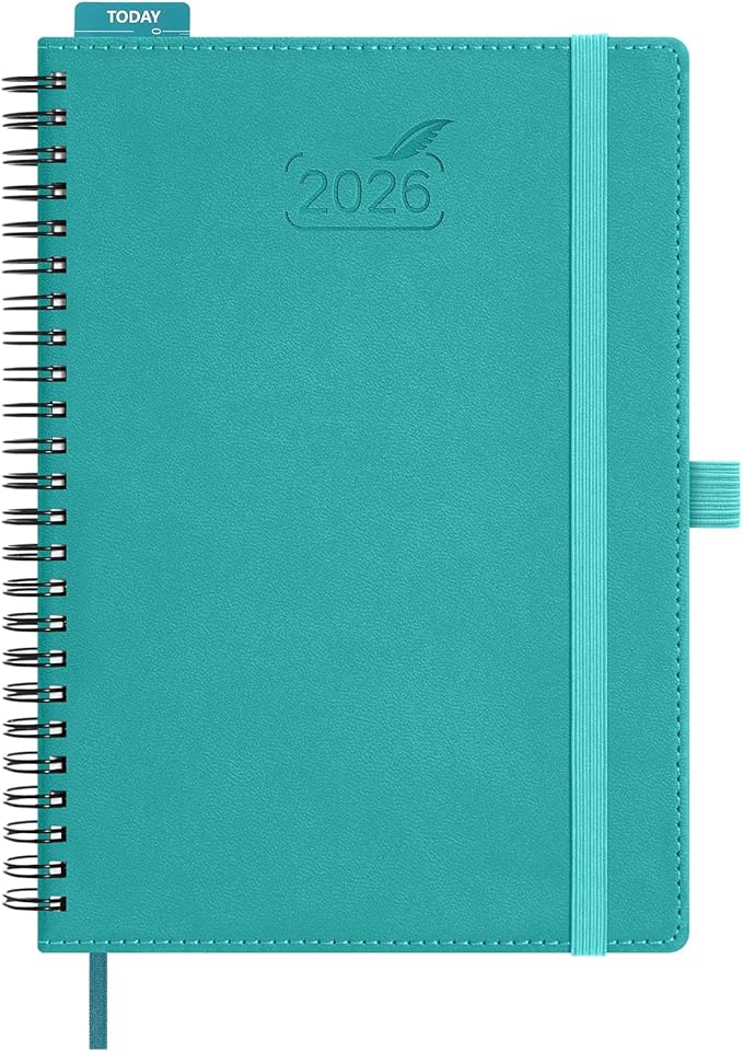 BEZEND 2026 Planner Weekly and Monthly (6" x 8.5" Spiral) Daily Calendar with Half-Hourly Timeslots & Tabs (Jan-Dec) Note & Expenses, Pen Holder, Inner Pocket, Vegan Leather Softcover - Turquoise