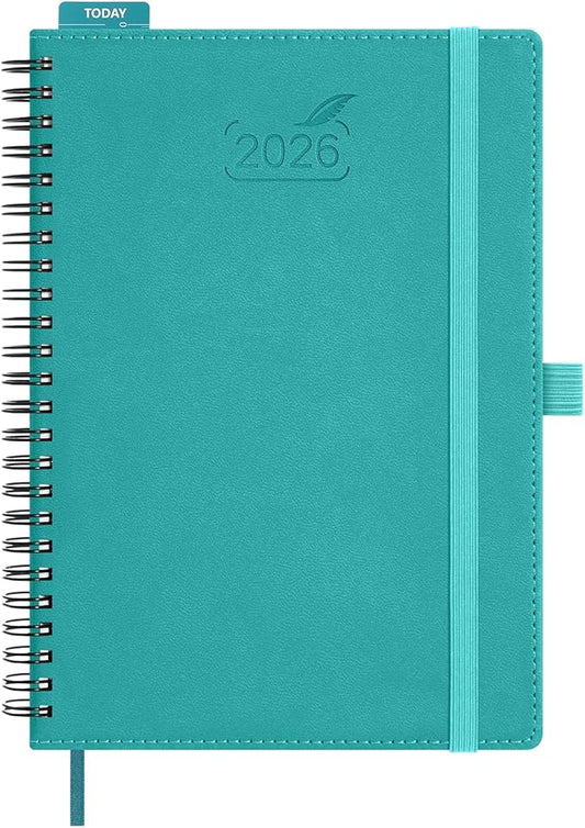 BEZEND 2026 Planner Weekly and Monthly (6" x 8.5" Spiral) Daily Calendar with Half-Hourly Timeslots & Tabs (Jan-Dec) Note & Expenses, Pen Holder, Inner Pocket, Vegan Leather Softcover - Turquoise