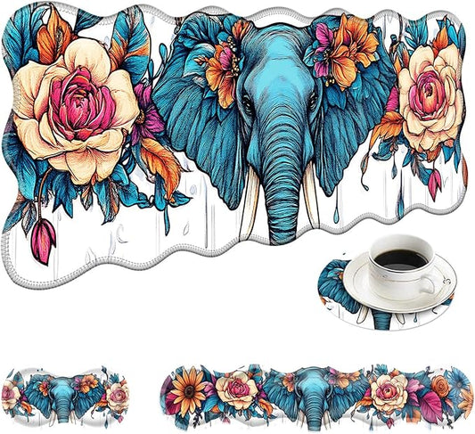 Large Mouse Pad and Keyboard Wrist Rest, Desk Pad for Keyboard and Mouse, 4-in-1 Large Gaming Mouse Pad with Wrist Support, Desk Mat for Home Office Study Game-Floral Elephant