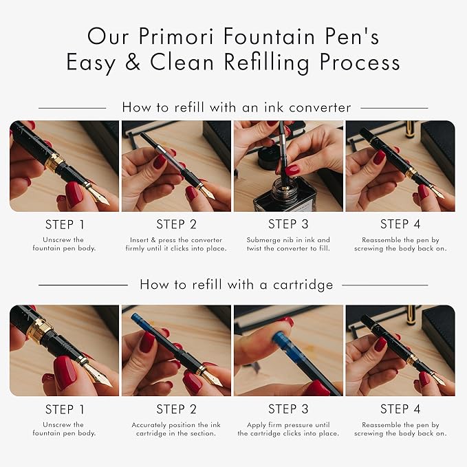 Wordsworth & Black Primori Fountain Pen Set [Black Gold]; Extra Fine Nib, Gift Case, 24 Ink Cartridges, Refill Converter, Manual; Journaling, Calligraphy, Smooth Writing Pens; Left and Right Handed