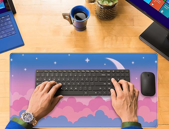 Cute Clouds Desk Mat Kawaii Desk Pad Gaming Mouse Pad Large Blue Sky Deskmat XXL Mousepad, Pink Purple Keyboard Mouse Mat Computer Mat for Desk, Kawaii Desk Decor for Women Girls 31.5X15.75 in