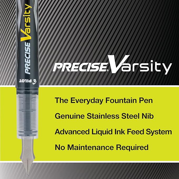 PILOT Precise Varsity Pre-Filled Fountain Pens, Medium Point Stainless Steel Nib, Black/Blue/Purple Inks, 3-Pack (90022)