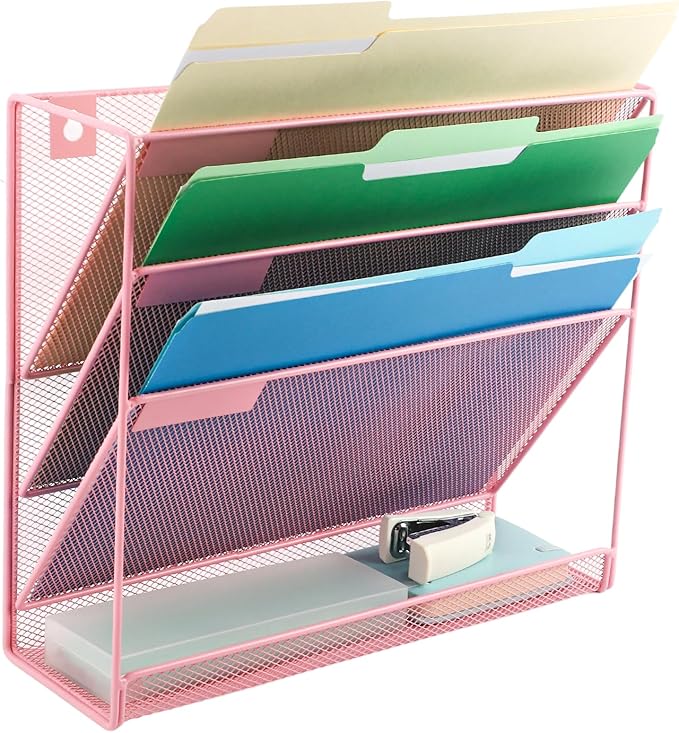 EASEPRES Desk File Organizer Mesh 4-Tier, Hanging Wall Mount Document Organization Stand, Desktop Vertical Mail Paper Folder Holder Rack with Bottom Tray for Office Home Cubicle Countertop, Pink