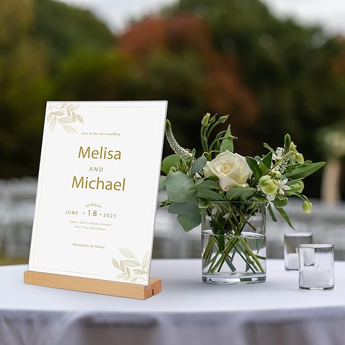 3 Pack Acrylic Sign Holder with Wood Base, Vertical and Slant Menu Flyer Stand, Double Sided Clear Display Stand for Restaurant, Wedding, Store, Office (5x7'', L/T Shape 2 in 1)