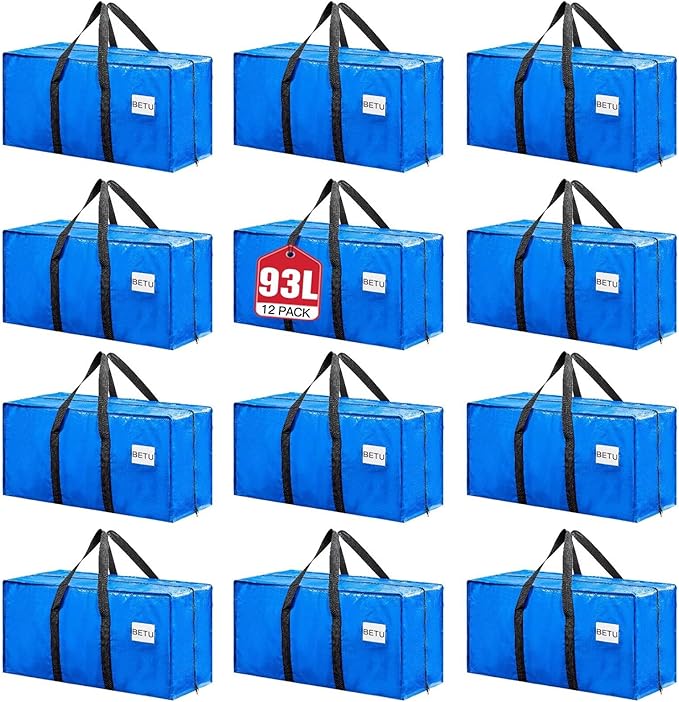 BETU Extra Large Moving Bags Heavy Duty Storage Bags with Zipper Handles, 12 Pack Clothes Storage Totes Bins Packing Moving Boxes, Moving Supplies for College Dorm Essentials, Space Saving, Blue