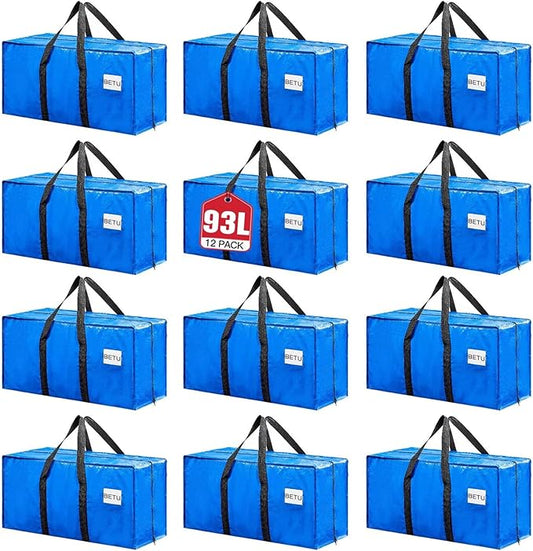 BETU Extra Large Moving Bags Heavy Duty Storage Bags with Zipper Handles, 12 Pack Clothes Storage Totes Bins Packing Moving Boxes, Moving Supplies for College Dorm Essentials, Space Saving, Blue