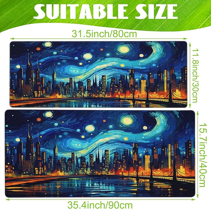 Desk Pad,City Starry Night Desk Mat,Abstract Oil Painting Large Gaming Mouse Pad for Desk,Extended Big Computer Keyboard Mouse Pad with Non-Slip Base and Stitched Edge,35.4"x15.7"