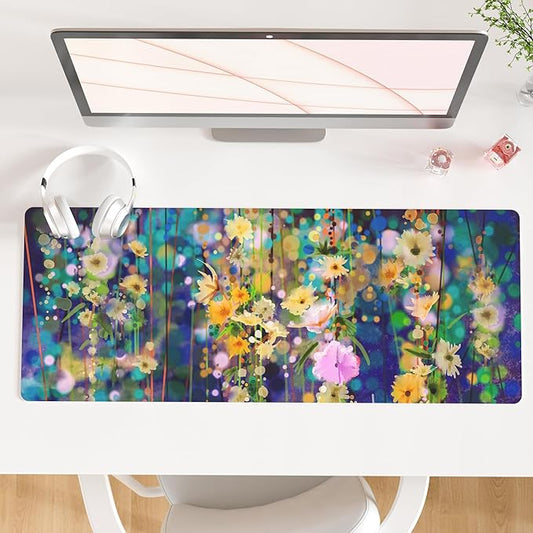 QIYI Large Desk Pad, Waterproof PU Leather Mouse Pad for Desktop, Blue Green Floral Home Décor Office Desk Accessories, Non Slip Desk Mat Writing Pads for Home Office 31.5" x 11.8" - Ivy Flowers