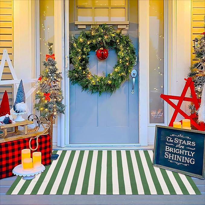 Christmas Green & White Striepd Rug - 3' x 5' Outdoor Front Door Decor Mat Cotton Washable Hand-Woven Rug Christmas New Year Holiday Porch Entryway Layered Doormat