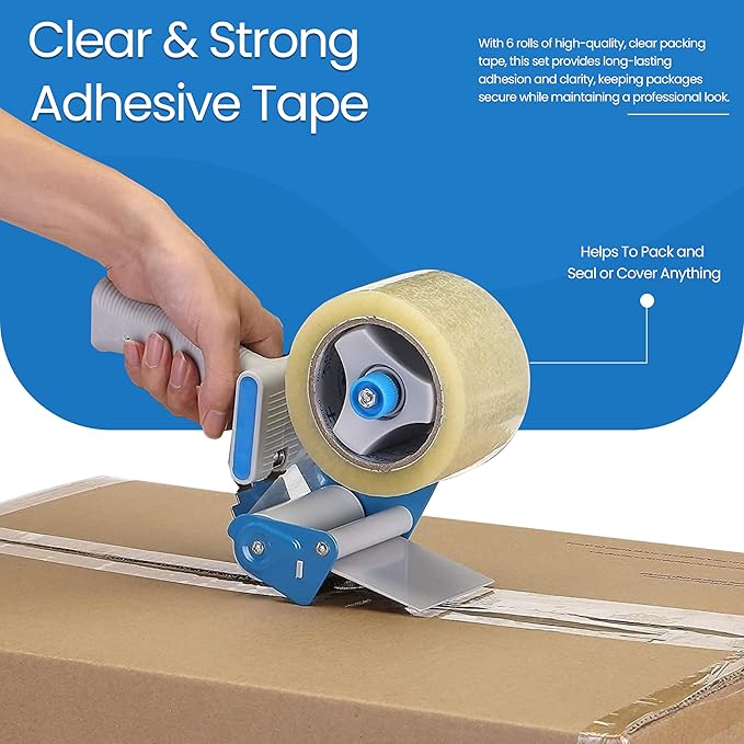 Heavy Duty Packing Tape with Dispenser - 1.88 Inch x 65 Yards, 6-Pack Clear Packaging Tapes, Durable Tape Dispenser for Secure Sealing, Ideal for Moving and Shipping