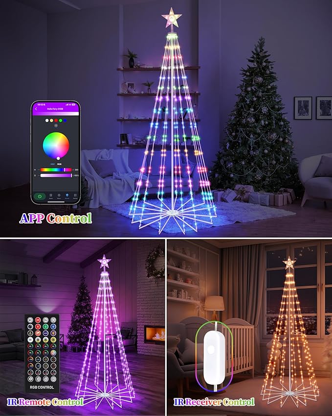 Brightever Smart Christmas Cone Tree, 7FT 295 LED Outdoor Christmas Tree Prelit with 16 Million RGB Light Show, APP/Remote Control Color Changing Music Sync Outdoor String Lights for Xmas Decorations