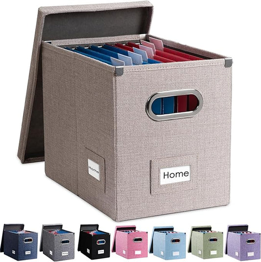 PRANDOM File Organizer Box - Set of 1 Collapsible Decorative Linen Filing Storage Hanging File Folders with Lids Office Cabinet Letter Size Light Grey (14x9.3x10.8 inch)
