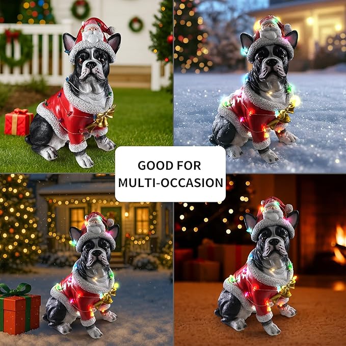 Christmas Outdoor Decoration Dog Statue, LED Light Cute French Bulldog Sculpture with Santa Outfit & Lights for Garden and Yard, Indoor Holiday Décor Gift for mom and dad