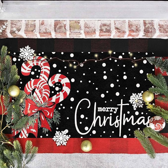 Christmas Door Mat Entrance Decoration Christmas Candy Cane Welcome Mat Black Door Front Porch Rug for Outside Front Porch Entryway Decor, 18" x 30"Inch